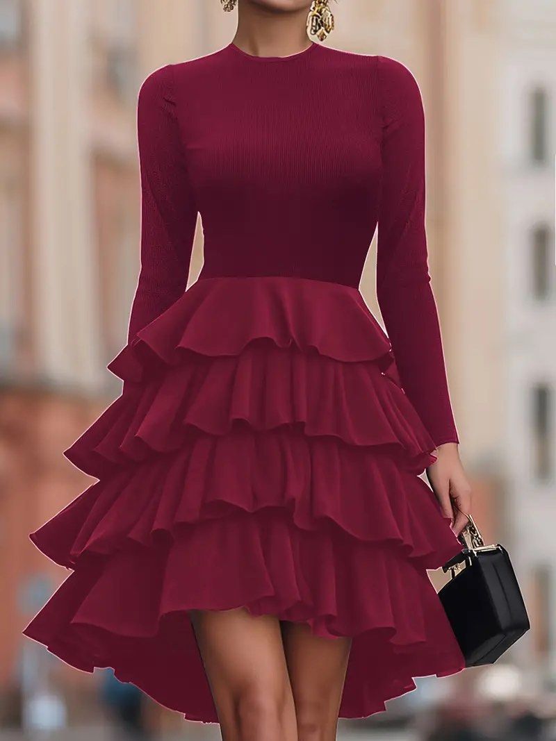Shein Burgundy Ruffled Maxi Skirt (Category: Dresses) located in Binan City. Submitted by myprelovedhaul (Listing ID 1467963613, Image 2). Description: - no when worn photos! - last price posted! - please message only if sure buyer! - limited replies only. - Available unless mark as sold. - Ship via j&t or lalamove for same day. -Mode of payment: Gcash 📍Biñan Laguna Heavy fabric! This is a long-sleeve, burgundy-colored tiered ruffle midi/maxi dr