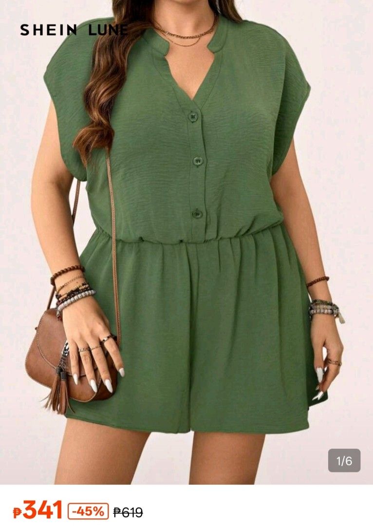 SHEIN LUNE Green Short Sleeve Button Front Romper Plus Size (Category: Rompers) located in Paranaque City. Submitted by zav_exlusive (Listing ID 1467851254, Image 3). Description: size: 1XL Shoulder 24.8" Bust 50.8" waist 34.6"-49.6" Length 36.6 condition: lightly used - Brand: SHEIN LUNE - Color: Solid olive green - Material: Lightweight textured fabric - Design: V-neckline with small collar, short cap sleeves, and partial button-down front - Fi