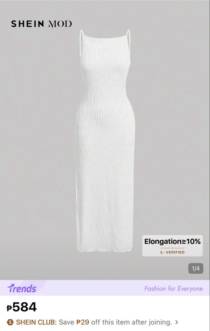 SHEIN MOD White Textured Midi Dress (Category: Dresses) located in Tayabas. Submitted by declutterwithmeee29 (Listing ID 1467949998, Image 1). Description: - Brand: SHEIN MOD (Never worn with tags) - Style: Minimalist bodycon midi dress - Material: Stretchy textured crinkle fabric - Design: Slim spaghetti straps, mid-calf length - Fit: Snug and flattering Available color white & black.