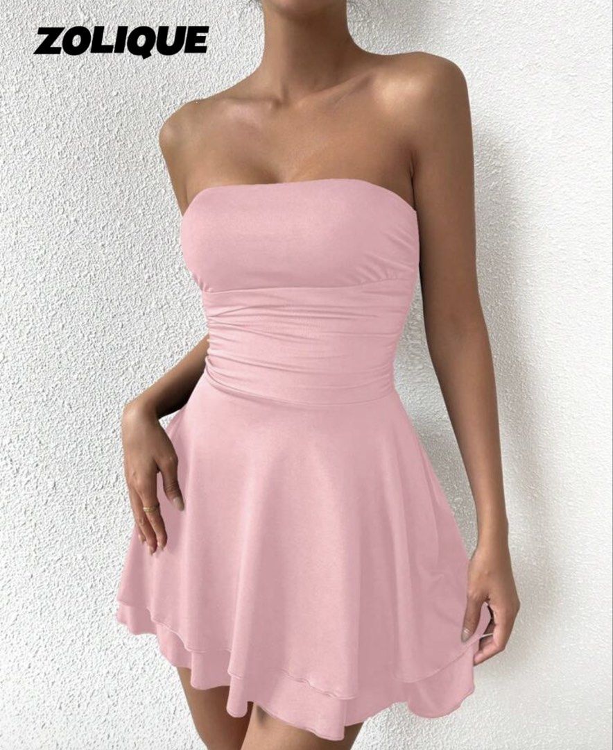 SHEIN Pink Strapless Mini Dress (Category: Dresses) located in Manila. Submitted by chlstnz (Listing ID 1467840760, Image 1). Description: - strapless, fitted ruched bodice with a flared, layered ruffle hem - worn once, for my bday but zero flaws (like new) - parties and nights out - still negotiable - already sold out on shein! .