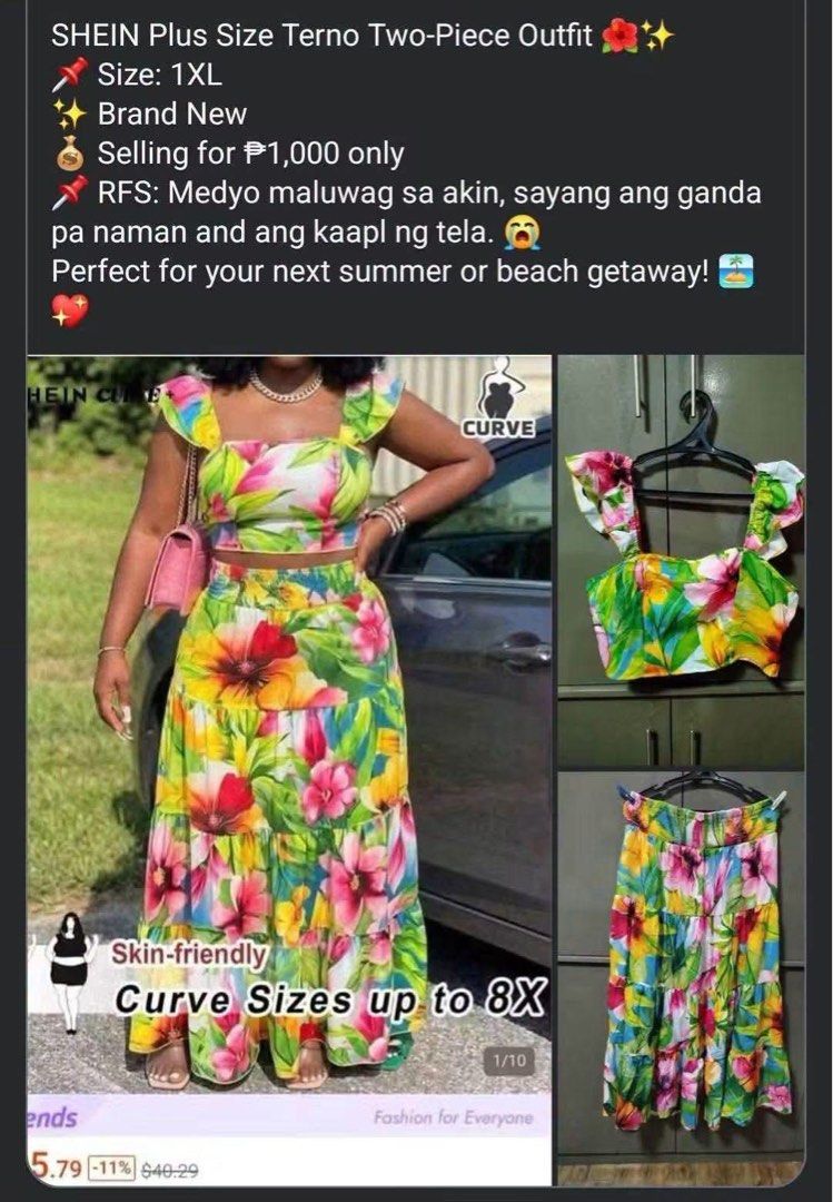 SHEIN Plus Size Floral Terno Two-Piece Outfit (Category: Sets or Coordinates) located in Manila. Submitted by bagelya_ni_cha.02 (Listing ID 1467893975, Image 1). Description: - Brand: SHEIN - Size: 1XL (Plus Size) - Condition: Brand new, never used (selling as it fits too loose) - Design: Bright floral print two-piece terno - Top: Crop top with stylish ruffled straps - Bottom: Flowy tiered maxi skirt - Material: Nice, high-quality fabric - Best f