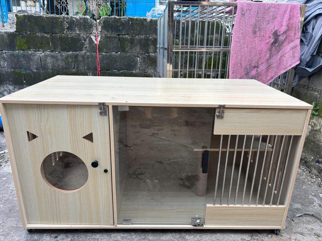 Solid Wood Cat Villa (Category: Shelves, Cabinets & Racks) located in Quezon City. Submitted by carminaaramos (Listing ID 1468049487, Image 1). Description: • Premium light wood finish pet enclosure • With Wheels • Aesthetic and spacious for cats • Doors are intact • No flaws, just very very minimal signs of usage SIZE: 65x120x60cm (Height, Length, Width) RFS: Our nomnom deserves a bigger villa hehe Pick up: Concepcion Uno, Marikina.