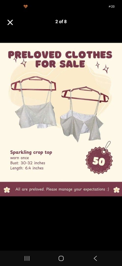 Sparkling Crop Top Silver Spaghetti Strap (Category: Sleeveless) located in Manila. Submitted by haymie821 (Listing ID 1467940698, Image 1). Description: - Condition: Preloved, worn only once - Color/Finish: Silver, shimmery - Fit: Bust 30" to 32" - Length: 6.4" - Details: Thin spaghetti straps - Best for: Parties and night outs - Note: Please check measurements before buying.