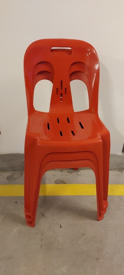 Stackable Red Plastic Chairs (Category: Chairs) located in Kuala Lumpur. Submitted by happythriftingday (Listing ID 1468030034, Image 1). Description: - Selling RM10 per chair / RM28 for 3 chairs - Ventilated backrests and slatted seats for comfort - Stackable design for compact, space-saving storage - Perfect for home/shop use, outdoor gatherings, events, or parties.