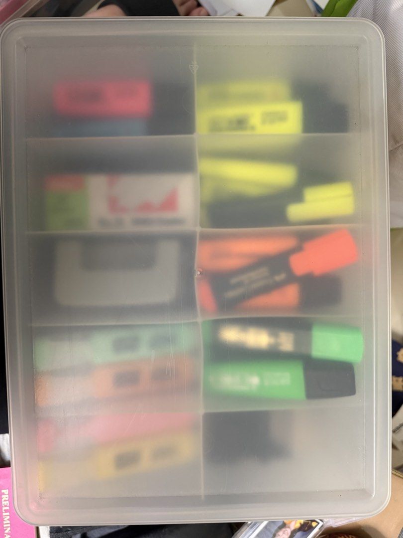 Stationery Organiser Box with Highlighters (Category: Stationery & School Supplies) located in Manila. Submitted by _swisssss (Listing ID 1467891974, Image 2). Description: - Complete desk starter kit in a divided plastic storage box - Includes Stabilo Boss and Faber-Castell highlighters.