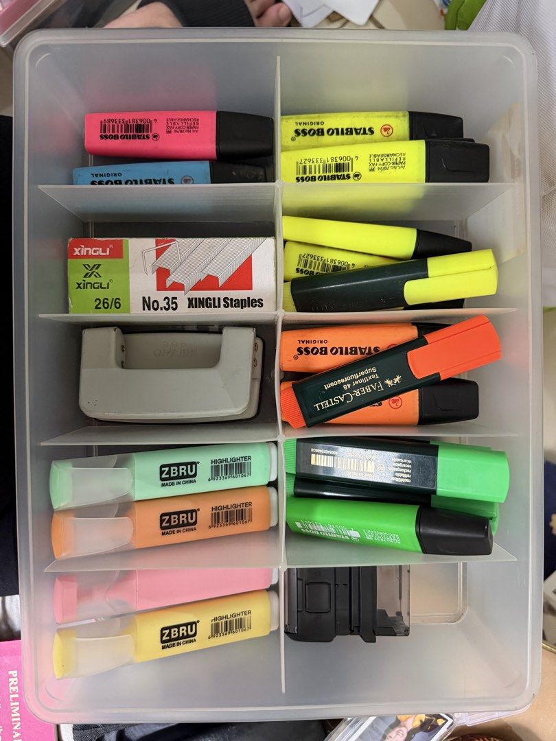 Stationery Organiser Box with Highlighters (Category: Stationery & School Supplies) located in Manila. Submitted by _swisssss (Listing ID 1467891974, Image 1). Description: - Complete desk starter kit in a divided plastic storage box - Includes Stabilo Boss and Faber-Castell highlighters.