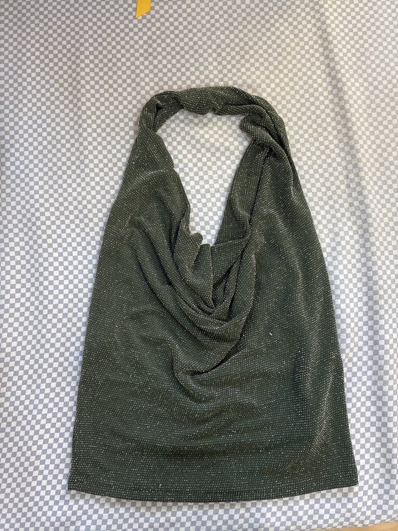 Stradivarius Dark Green Cowl Neck Top (Category: Sleeveless) located in Manila. Submitted by shopmyclothesguys (Listing ID 1467917050, Image 1). Description: - Color: Dark green metallic with tiny silver dots - Design: Cowl neck, sleeveless, and twisted halter strap - Fabric: Stretchy, lightweight, and shiny material - Occasion: Perfect for parties and nights out.