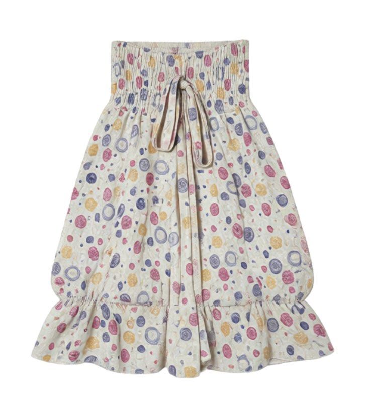 Strapless Bubble Hem Dress (Category: Dresses) located in General Mariano Alvarez. Submitted by kascade (Listing ID 1468050797, Image 1). Description: - Color/Pattern: Cream base with purple, pink, and yellow circular patterns and delicate floral line-art - Waist: High smocked waist for a comfortable, fitted look Size: S-M - Details: Matching fabric tie ribbon at the front center - Silhouette: Puffy balloon style with a cute ruffled hem - Materia