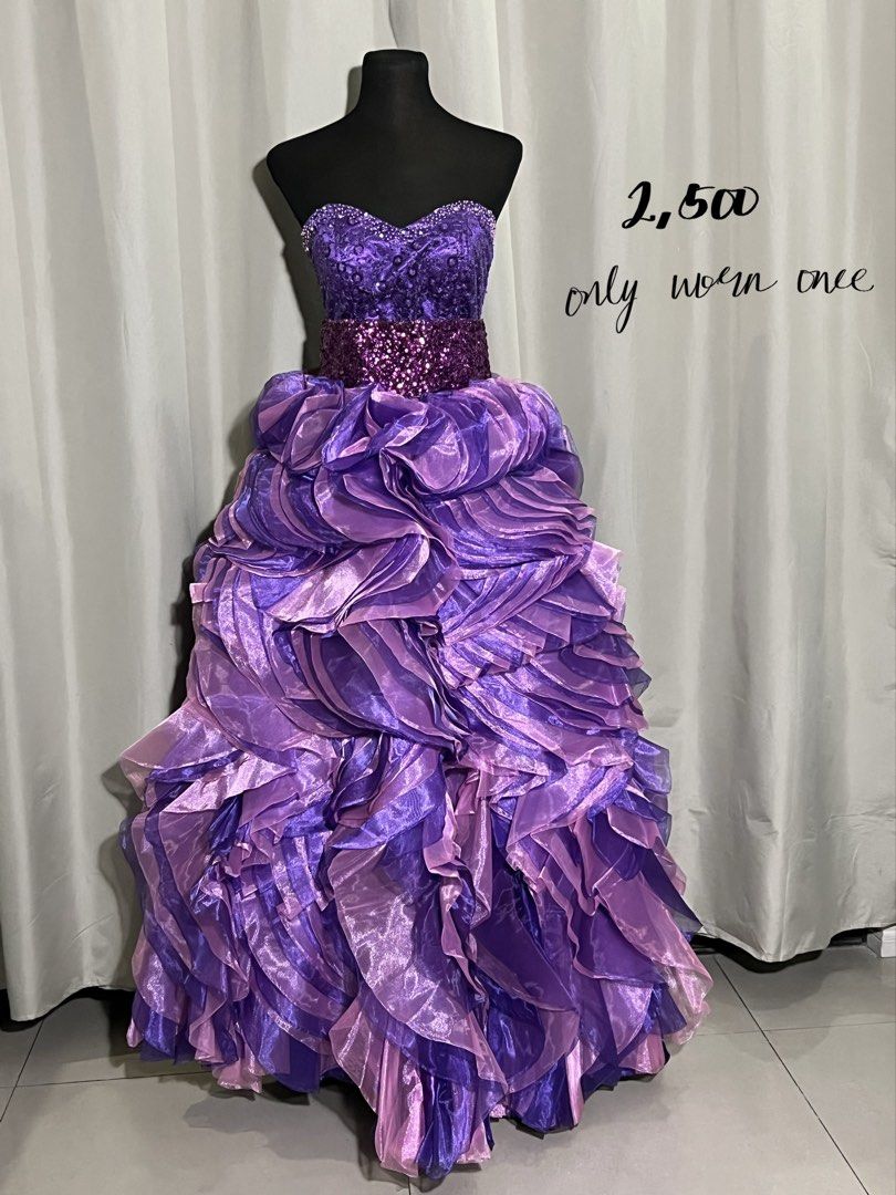 Strapless purple ball gown (Category: Evening dresses & gowns) located in Las Pinas. Submitted by jilanah (Listing ID 1468035164, Image 1). Description: Sweetheart neckline Sequined and beaded bodice Removable waistline band Removable ruffle skirt Used once only .