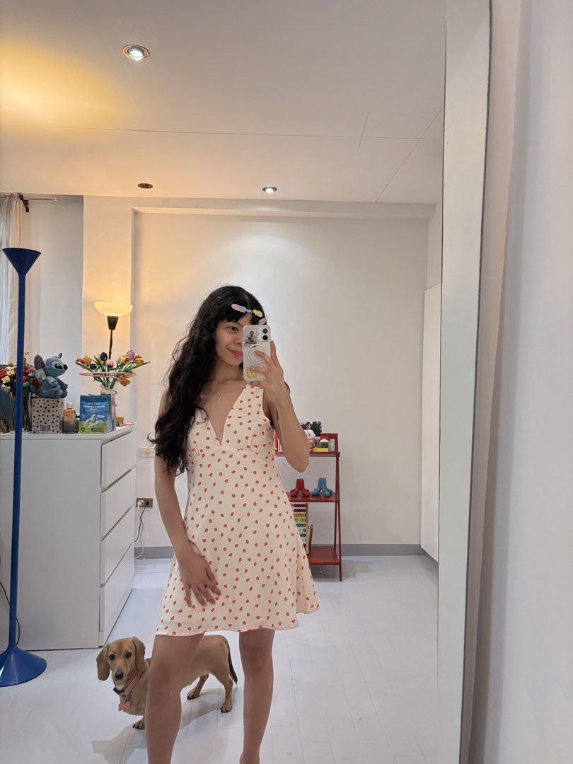 Strawberry Sleeveless Mini Dress (Category: Dresses) located in Quezon City. Submitted by prelovedbynxkole (Listing ID 1467880347, Image 3). Description: - Super cute cream mini dress with an adorable all-over red strawberry print - Features a flattering deep v-neckline and sleeveless cut - Flared skater skirt bottom with a gathered waistline just under the bust - Versatile summer piece that is very easy to dress up or down - Minor stains, see ph