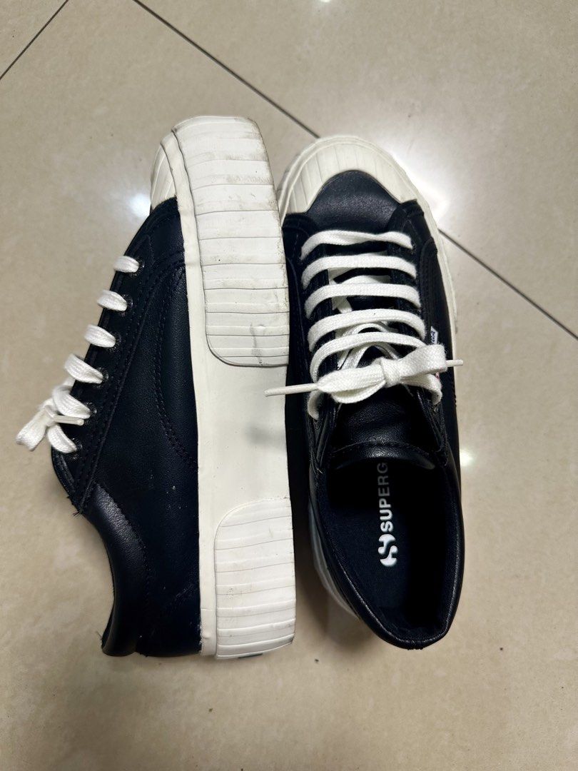 Superga Black Platform Sneakers | US 7 | EU 38 (Category: Sneakers) located in Las Pinas. Submitted by weiwei_2424 (Listing ID 1467966997, Image 2). Description: Superga Platform Sneakers Classic black leather upper with chunky white rubber soles Used thrice .