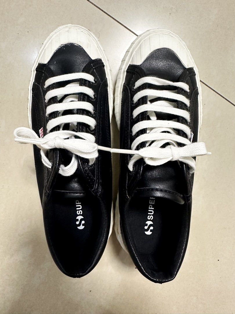 Superga Black Platform Sneakers | US 7 | EU 38 (Category: Sneakers) located in Las Pinas. Submitted by weiwei_2424 (Listing ID 1467966997, Image 1). Description: Superga Platform Sneakers Classic black leather upper with chunky white rubber soles Used thrice .