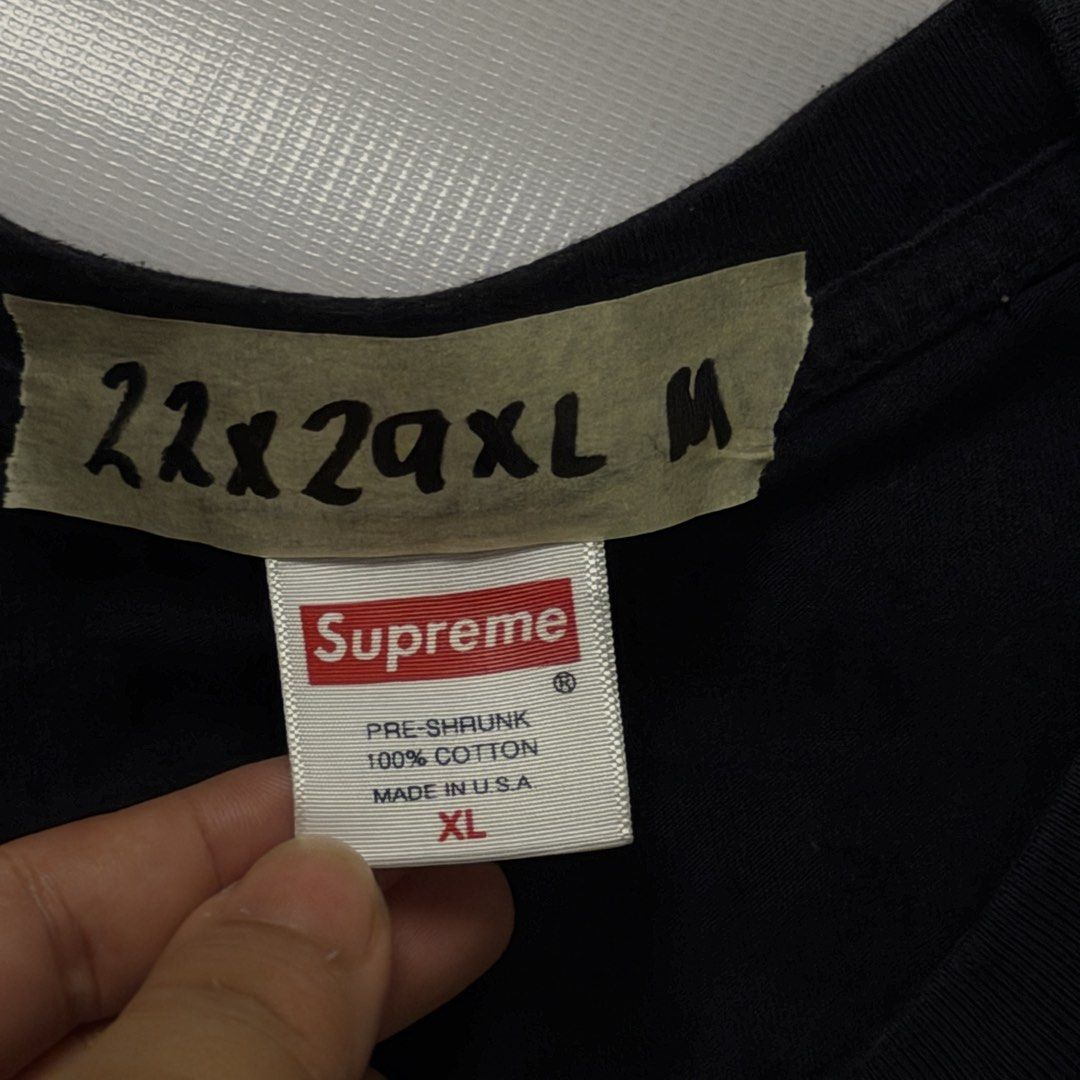 Supreme Black T-Shirt with Script Logo Size XL (Category: Tshirts & Polo Shirts ) located in Gapan. Submitted by rasthriftshop17 (Listing ID 1468007273, Image 3). Description: SUPREME Size on tag: XL Dimes: 22 x 29 ₱750 + sf Condition: Excellent Color rate: 9/10 Issue: None.