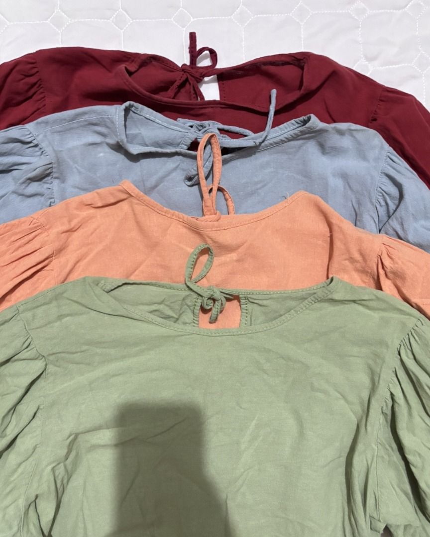 [TAKE ALL] Linen Puff Sleeves Top (Category: Blouses) located in Marikina City. Submitted by visionfinds (Listing ID 1468025502, Image 2). Description: Take all! All good condi, only needs ironing. Best Fits S-M .