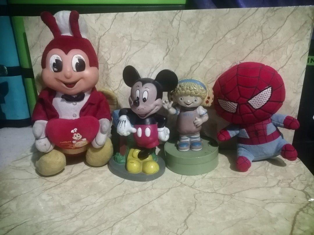 Take All vintage toys (Category: Kids Toys) located in Pateros City. Submitted by romferarc333 (Listing ID 1467946362, Image 2). Description: Take All Hetty night lamp -no sound -lights working Jollibee 30yrs Plush toy -needs cleaning Spiderman Car Plushie -needs cleaning Mickey Mouse Coin bank -no cover.