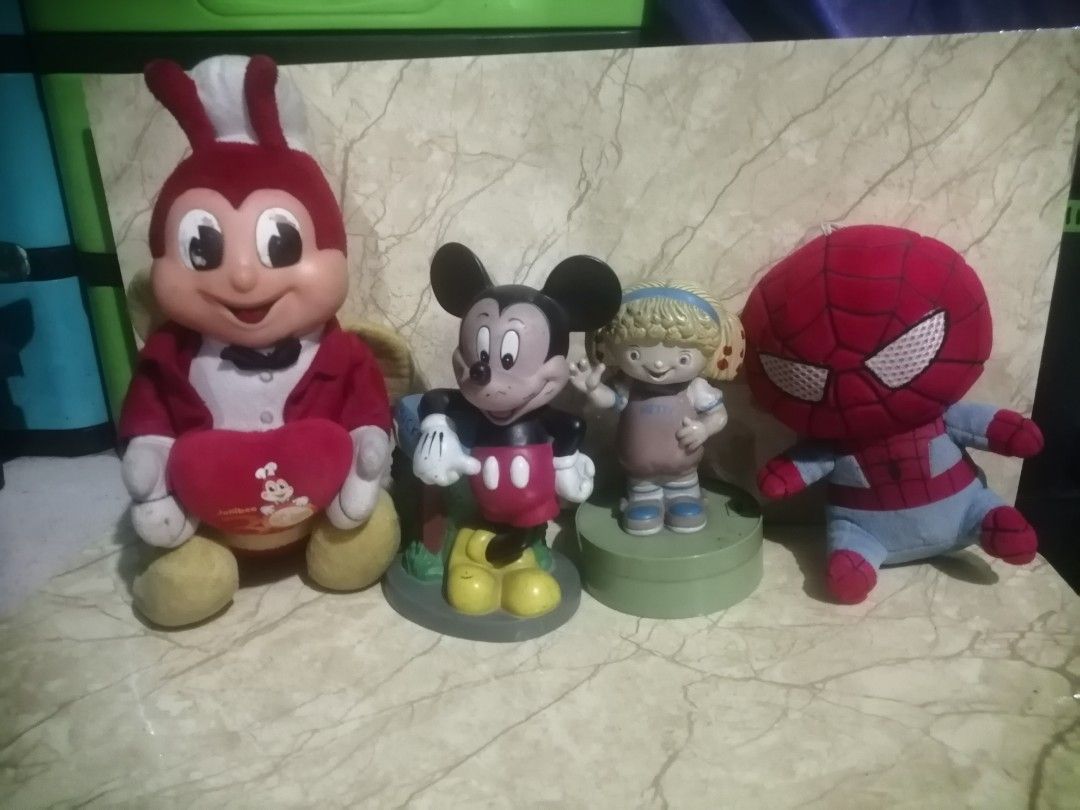 Take All vintage toys (Category: Kids Toys) located in Pateros City. Submitted by romferarc333 (Listing ID 1467946362, Image 1). Description: Take All Hetty night lamp -no sound -lights working Jollibee 30yrs Plush toy -needs cleaning Spiderman Car Plushie -needs cleaning Mickey Mouse Coin bank -no cover.