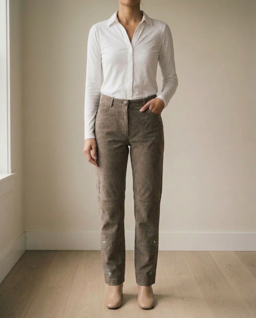 TAUPE BROWN SUEDE PANTS 28 (Category: Other Bottoms) located in Marikina City. Submitted by minimalistmanila (Listing ID 1467876974, Image 1). Description: Imported taupe brown real suede leather pants from USA. Straight leg. Waist is 28. With beautiful stitching. Never used. Order now! .