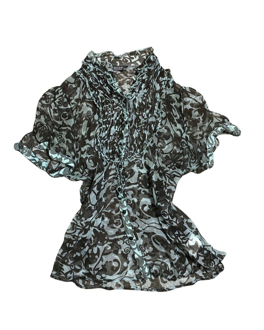 teal & black baroque print see-through ruffle blouse (Category: Blouses) located in Manila. Submitted by rainy.finds (Listing ID 1467939809, Image 1). Description: can fit s-l flaws: none w17 l21.5.