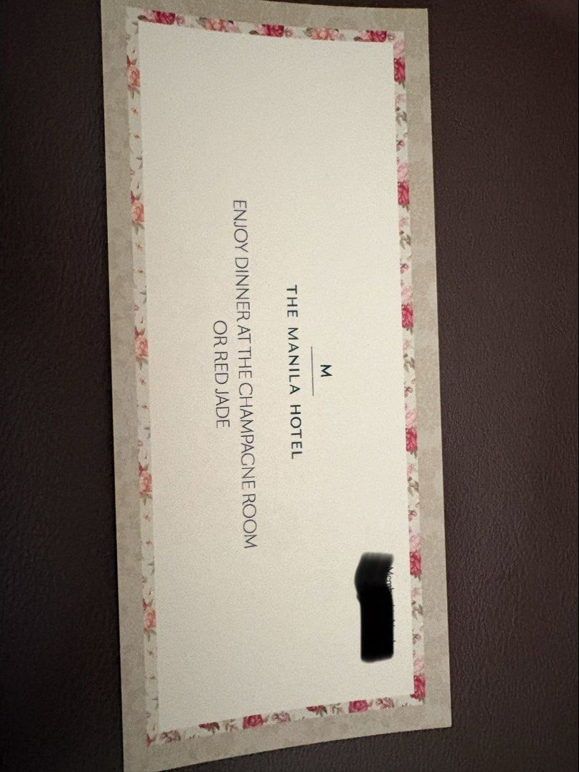 The Manila Hotel Dining Voucher PHP 1,000 (Category: Vouchers) located in Las Pinas. Submitted by matzruth3 (Listing ID 1467870279, Image 1). Description: - Face Value: PHP 1,000 dining voucher - Venue: The Manila Hotel (Champagne Room or Red Jade) - Validity: Until October 31, 2026 - Transferable: Yes (can be given as a gift) - Reservation: Prior booking required - Condition: Brand new / unused.