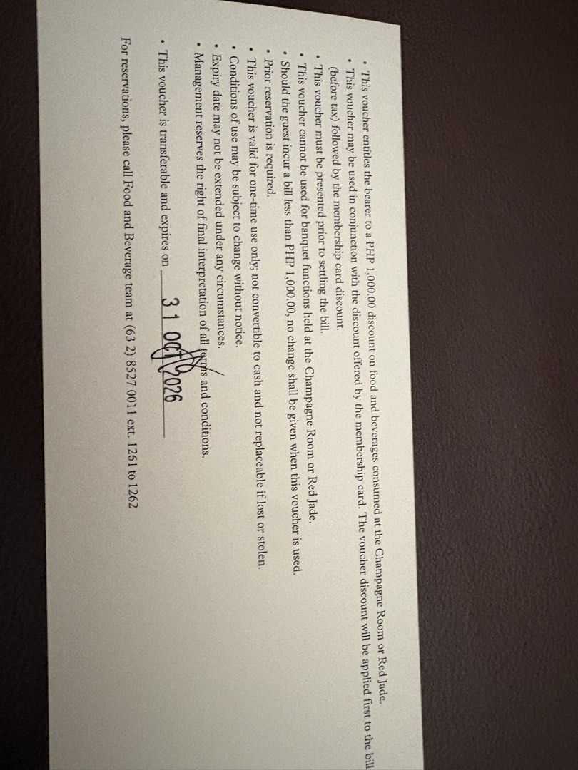 The Manila Hotel Dining Voucher PHP 1,000 (Category: Vouchers) located in Las Pinas. Submitted by matzruth3 (Listing ID 1467870279, Image 2). Description: - Face Value: PHP 1,000 dining voucher - Venue: The Manila Hotel (Champagne Room or Red Jade) - Validity: Until October 31, 2026 - Transferable: Yes (can be given as a gift) - Reservation: Prior booking required - Condition: Brand new / unused.