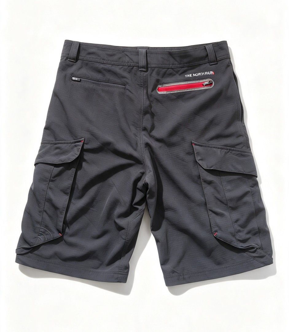 The North Face Cargo Shorts Dark Grey (Category: Shorts) located in Manila. Submitted by josephlim13 (Listing ID 1467846263, Image 2). Description: - Brand: The North Face - Color: Dark Grey - Material: 100% nylon ripstop fabric (ultra-durable) - Pockets: Multiple utility pockets plus a signature red-zipped back pocket and side cargo flaps - Details: Embroidered TNF logo near the back pocket, standard belt loops, and front button closure - Condit