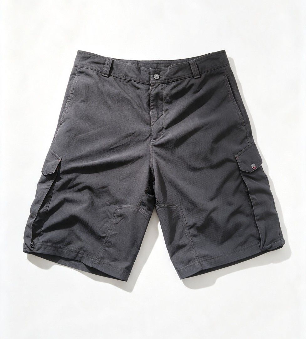 The North Face Cargo Shorts Dark Grey (Category: Shorts) located in Manila. Submitted by josephlim13 (Listing ID 1467846263, Image 1). Description: - Brand: The North Face - Color: Dark Grey - Material: 100% nylon ripstop fabric (ultra-durable) - Pockets: Multiple utility pockets plus a signature red-zipped back pocket and side cargo flaps - Details: Embroidered TNF logo near the back pocket, standard belt loops, and front button closure - Condit