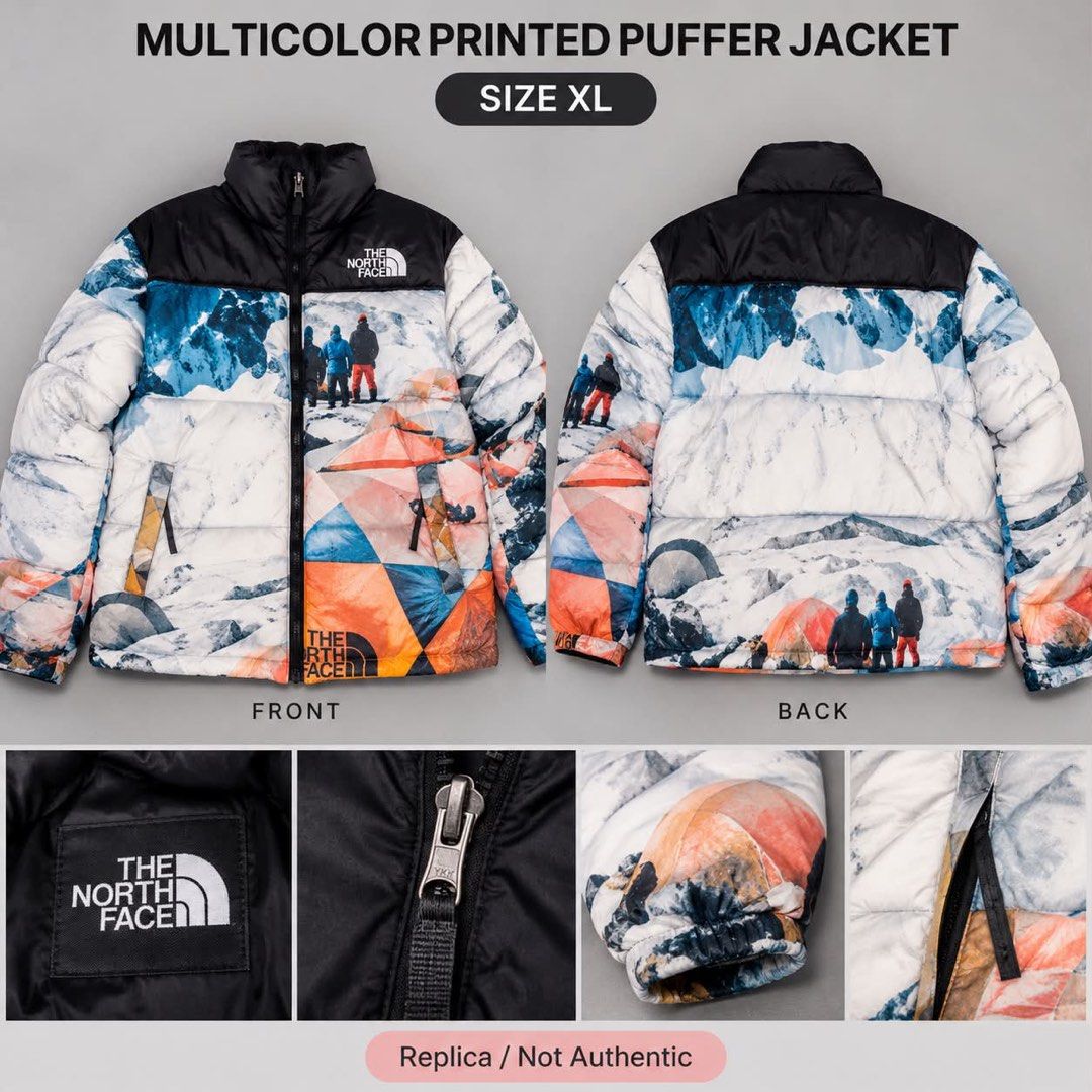 The North Face-Style Printed Puffer Jacket – XL (Category: Coats, Jackets and Outerwear) located in Quezon City. Submitted by ladymadness (Listing ID 1467889867, Image 3). Description: The North Face-Style Printed Puffer Jacket – XL Eye-catching multicolor puffer jacket featuring a unique mountain and camping print in blue, white, orange, and black. Details: Size: XL Color: Multicolor Style: Padded puffer jacket Full zip closure High collar Front