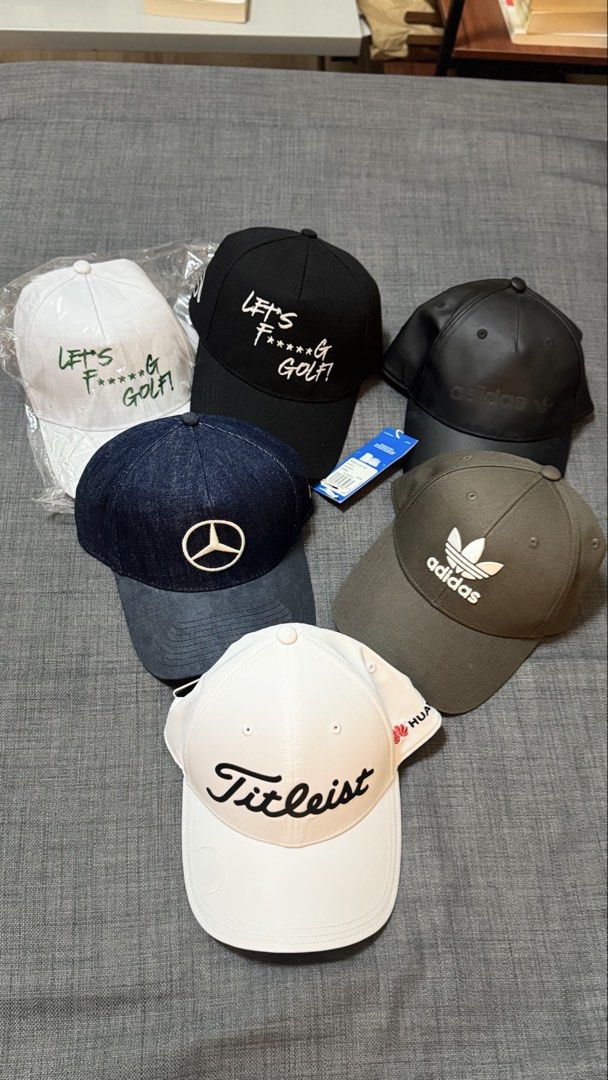 BUNDLE (6pcs) Titleist Golf Hat with Magnet in Visor (Category: Caps & Hats) located in Makati City. Submitted by declutter_forsale (Listing ID 1468007406, Image 1). Description: ALL AUTHENTIC BRAND NEW Take all BUNDLE ₱4200 Original Value: ₱1600 Adidas Olive Trefoil Cap Navy Green (new) ₱2200 Adidas Black Faux-Leather Cap (new with tag) ₱2600 Mercedes-Benz × New Era 9FORTY Adjustable Denim Cap (Adjustable strap at the back for a customized fit) 