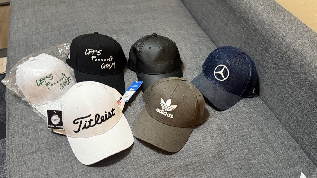 BUNDLE (6pcs) Titleist Golf Hat with Magnet in Visor (Category: Caps & Hats) located in Makati City. Submitted by declutter_forsale (Listing ID 1468007406, Image 3). Description: ALL AUTHENTIC BRAND NEW Take all BUNDLE ₱4200 Original Value: ₱1600 Adidas Olive Trefoil Cap Navy Green (new) ₱2200 Adidas Black Faux-Leather Cap (new with tag) ₱2600 Mercedes-Benz × New Era 9FORTY Adjustable Denim Cap (Adjustable strap at the back for a customized fit) 