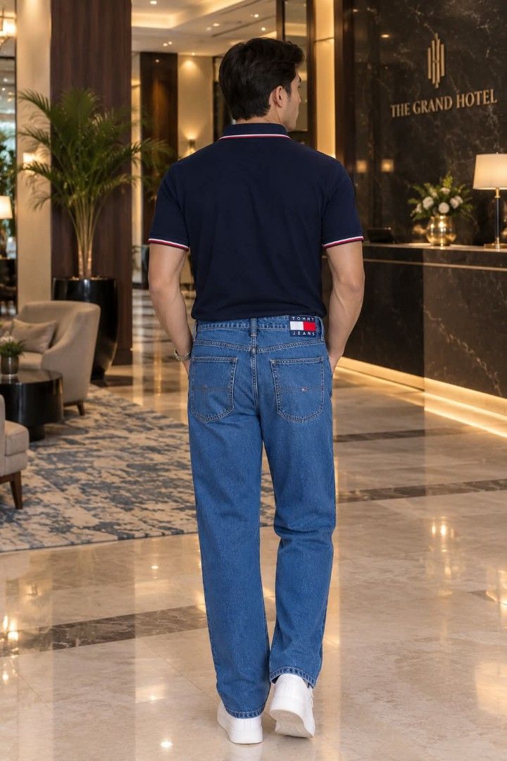 Tommy Jeans Blue Denim Pants (Category: Jeans) located in Manila. Submitted by purefire-477a (Listing ID 1467851467, Image 3). Description: - Brand: Tommy Jeans - Style: Classic straight leg denim pants - Color/Wash: Versatile medium blue wash with light fading - Details: Signature logo patch on back waistband, small flag branding on coin and back pockets - Features: Traditional five-pocket styling and button fly - Condition: Excellent quality, r