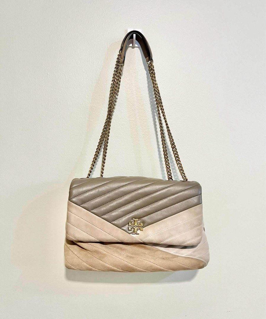 Tory Burch Quilted Chevron Leather Convertible Shoulder Bag (Category: Luxury Bags & Wallets) located in Manila. Submitted by btsalbumssssss (Listing ID 1468013608, Image 2). Description: Tory Burch convertible shoulder bag in neutral taupe and cream tones. Mixed leather and suede quilted panels with diagonal chevron stitching. Gold-tone hardware and iconic double T logo on the front flap. Chain strap with leather shoulder guard. Interior lined w