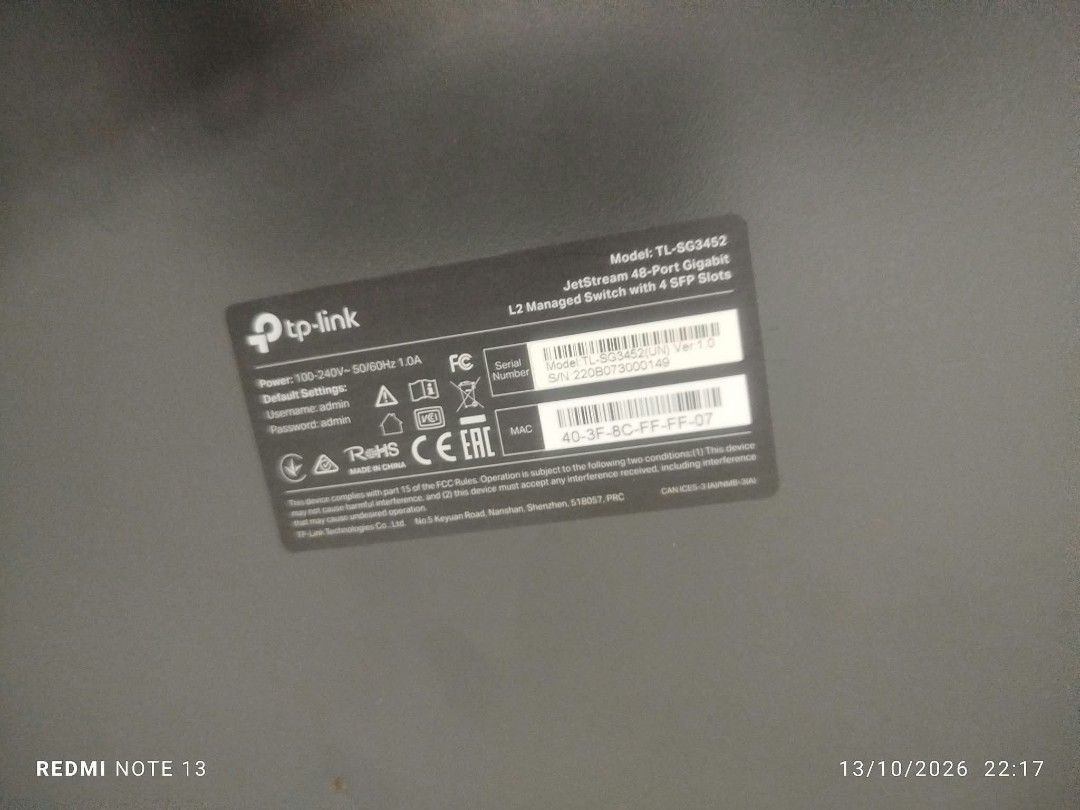 TP-Link JetStream TL-SG3452 48-Port Gigabit L2 Managed Switch (Category: Networking) located in Taguig. Submitted by manilyn_lau (Listing ID 1468024984, Image 1). Description: - Model: TP-Link JetStream TL-SG3452 - Ports: 48 Gigabit ports + 4 SFP slots - Type: L2 Managed Switch - Condition: Powers on normally negotiable (100-240V), includes power cable - Setup: Default login is username 'admin', password 'admin' - Details: Serial number and MAC a