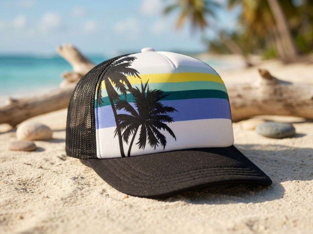 Tropical Palm Tree Rainbow Stripe Black Mesh Trucker (Category: Caps & Hats) located in Binangonan. Submitted by yuristalin888 (Listing ID 1467860002, Image 1). Description: Add a tropical vibe to your everyday style with this trucker cap featuring a colorful rainbow stripe and palm tree graphic on a white front panel. Designed with a black curved brim, breathable mesh back, and adjustable snapback closure for a comfortable fit. Perfect for beach