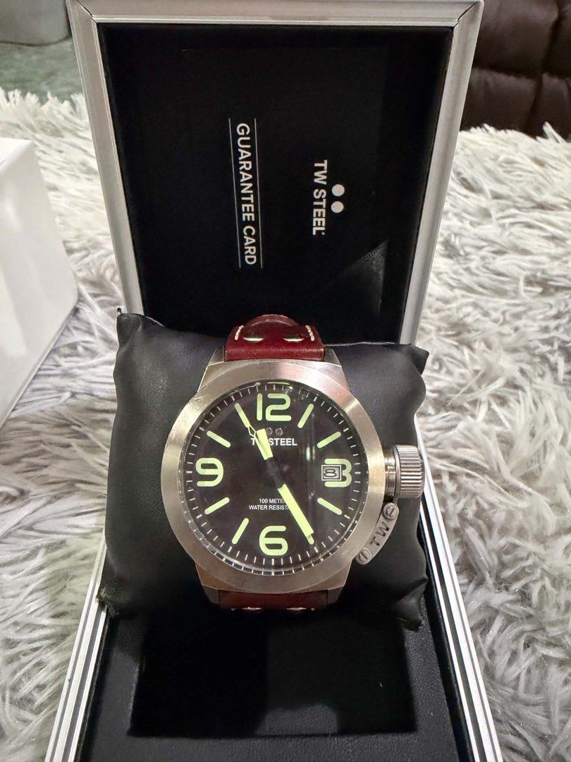 TW Steel Watch (Category: Men's Watches) located in Muntinlupa City. Submitted by avampaya (Listing ID 1467972016, Image 1). Description: - Authentic TW Steel Canteen Series (45mm) - Stylish dark brown genuine leather strap with white stitching - Complete set: includes original hard presentation case, outer white box, and guarantee card - Used but in very good condition.