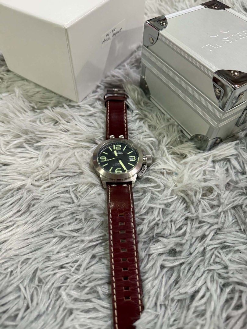 TW Steel Watch (Category: Men's Watches) located in Muntinlupa City. Submitted by avampaya (Listing ID 1467972016, Image 2). Description: - Authentic TW Steel Canteen Series (45mm) - Stylish dark brown genuine leather strap with white stitching - Complete set: includes original hard presentation case, outer white box, and guarantee card - Used but in very good condition.