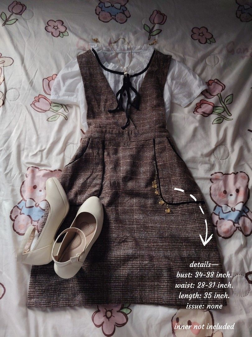 tweed jumper skirt 🤎 (Category: Jumpsuits) located in Hermosa. Submitted by lcvelycath (Listing ID 1467883255, Image 2). Description: size: s-l mine: ₱249 bid: ₱+10 lock: ₱449 (shipped) EOB: sunday—october 18, 2026 °. thrifted, pre-loved, or brand new but ready to wear (some aren't bcs i don't have the time to wash them, very sorryy :<) colors may vary due to lightning & quality 𐙚 °. check details before mine joy miners will be posted :> 𐙚 °. 