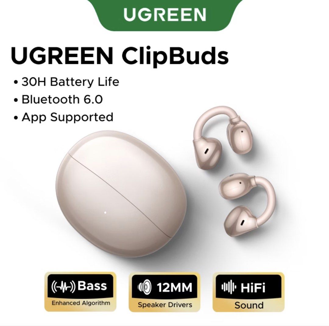 UGREEN ClipBuds Open-Ear True Wireless Earbuds (Category: Earphones) located in Cebu City. Submitted by via_xoxo (Listing ID 1467996812, Image 1). Description: UGREEN ClipBuds open-ear wireless earbuds in rose gold. Bluetooth 6.0 connectivity, 12mm dynamic drivers, HiFi sound, 30-hour battery life. App supported. 4-mic system for clear calls. Lightweight open-ear design keeps you aware of your surroundings. Includes original charging case and ret
