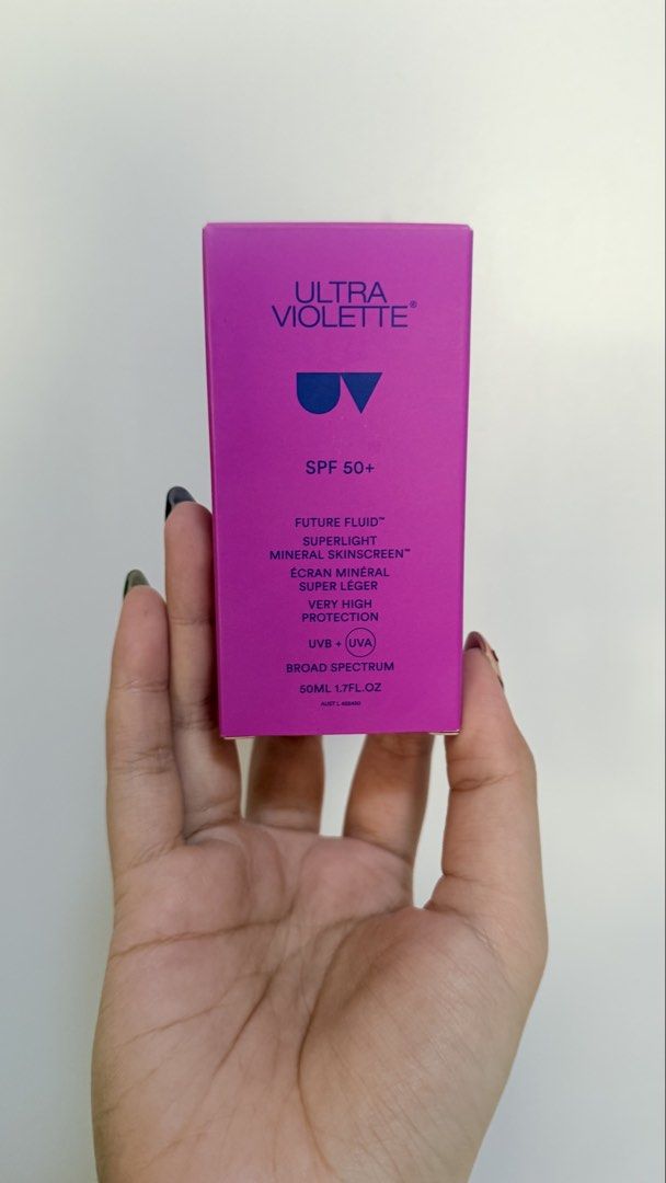 Ultra Violette Future Fluid SPF 50+ Skinscreen 50ml (Category: Face Care) located in Manila. Submitted by milktiea (Listing ID 1467926856, Image 1). Description: - only used once - Product: Ultra Violette Future Fluid Superlight Mineral Skinscreen - Protection: SPF 50+, very high broad-spectrum protection (UVB + UVA) - Size: 50ml bottle - Condition: Brand new, unopened in original purple box - Expiry Date: January 2028 (stamped on bottom) - Ideal
