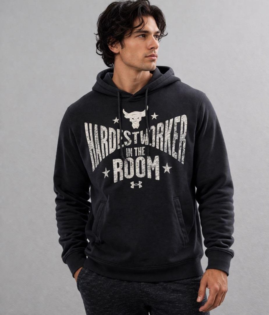 UNDER ARMOUR PROJECT ROCK TERRY HOODIE (Category: Coats, Jackets and Outerwear) located in Pagsanjan. Submitted by thriftyclothes33 (Listing ID 1467989034, Image 2). Description: 🔥 UNDER ARMOUR PROJECT ROCK TERRY HOODIE 💪 💰 PRICE: ₱750 + shipping fee 🏷️ Size: XL on tag 📏 Width: 23" | Length: 28.5" ✔️ “Hardest Worker in the Room” graphic 💪 ✔️ Signature Brahma Bull logo 🐂 ✔️ Lightweight French Terry fabric ✔️ Perfect for gym & casual wear 📦
