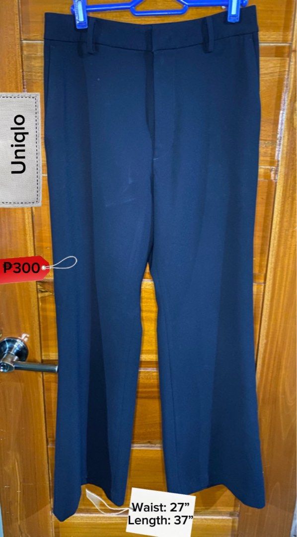 Uniqlo Black Trousers Flared (Category: Other Bottoms) located in Baguio. Submitted by heath2600 (Listing ID 1468026680, Image 1). Description: - Brand: Uniqlo - Color: Black - Style: Classic Flared - Waist: 27 inches - Length: 37 inches - Features: Clean front, zip fly closure, and belt loops - Condition: Ready to wear, ideal for casual days or office outfits.