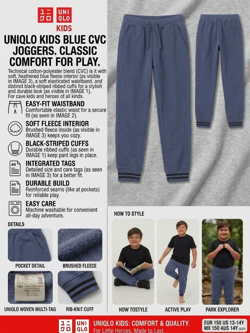UNIQLO kids CVC jogger (Category: Looking For) located in Paranaque City. Submitted by hershop.sbt (Listing ID 1467897123, Image 1). Description: Brand Name: UNIQLO Size: 150 (Kids’ Size, recommended for ~10–12 years / 150 cm) Color: Heather / Denim Blue (with black-striped ribbed cuffs).