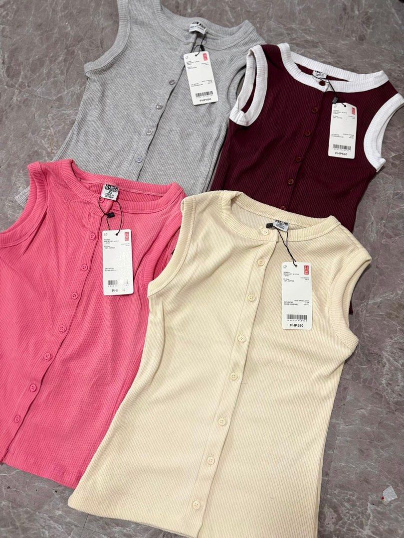 Uniqlo Ribbed Button-Down Tank Tops (Category: Sleeveless) located in Quezon City. Submitted by ylaisahbaguino (Listing ID 1467937879, Image 3). Description: - Brand: Uniqlo - Style: Ribbed tank top with front button details - Material: Soft cotton, sleeveless cut - Condition: Brand new with original tags (PHP 590 printed price) - Available Colors: Blue, yellow, red stripe, white, grey, black, pink, and burgundy - Available Sizes: S, L, and XL - 