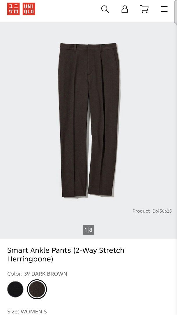 📍Uniqlo Smart Ankle Pants (2-Way Stretch Herringbone) (Category: Other Bottoms) located in Antipolo. Submitted by simplehans (Listing ID 1467983250, Image 1). Description: ‎📍Uniqlo Smart Ankle Pants (2-Way Stretch Herringbone) ‎Size Small (Dark Brown) ‎Waist- 25 to 27 ‎Length- 35.5 ‎Leg Open- 6.5 ‎Excellent Condition As New ‎DIRECT MESSAGE IF INTERESTED.