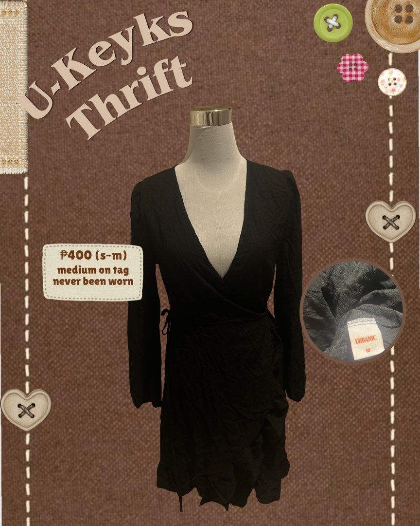 Urbanic Black Wrap Dress (Category: Dresses) located in Cavite. Submitted by ukeyks (Listing ID 1467976827, Image 1). Description: - Brand: Urbanic - Size: Medium on tag (best fits Small to Medium frames) - Color: Black - Condition: Brand new with original tag attached, never worn - Details: Deep V-neckline, long sleeves, ruffled hem, side tie wrap style, and textured fabric.