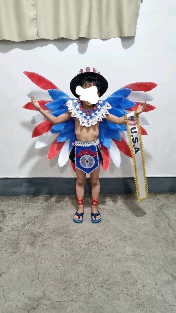 U.S.A costume for sale (Category: Babies & Kids Fashion) located in Manila. Submitted by phcarousince2016 (Listing ID 1468028986, Image 1). Description: for ages 5-6-7Y/O petite... set na po. made with recycled materials. won 2nd place in Arellano University 😎.