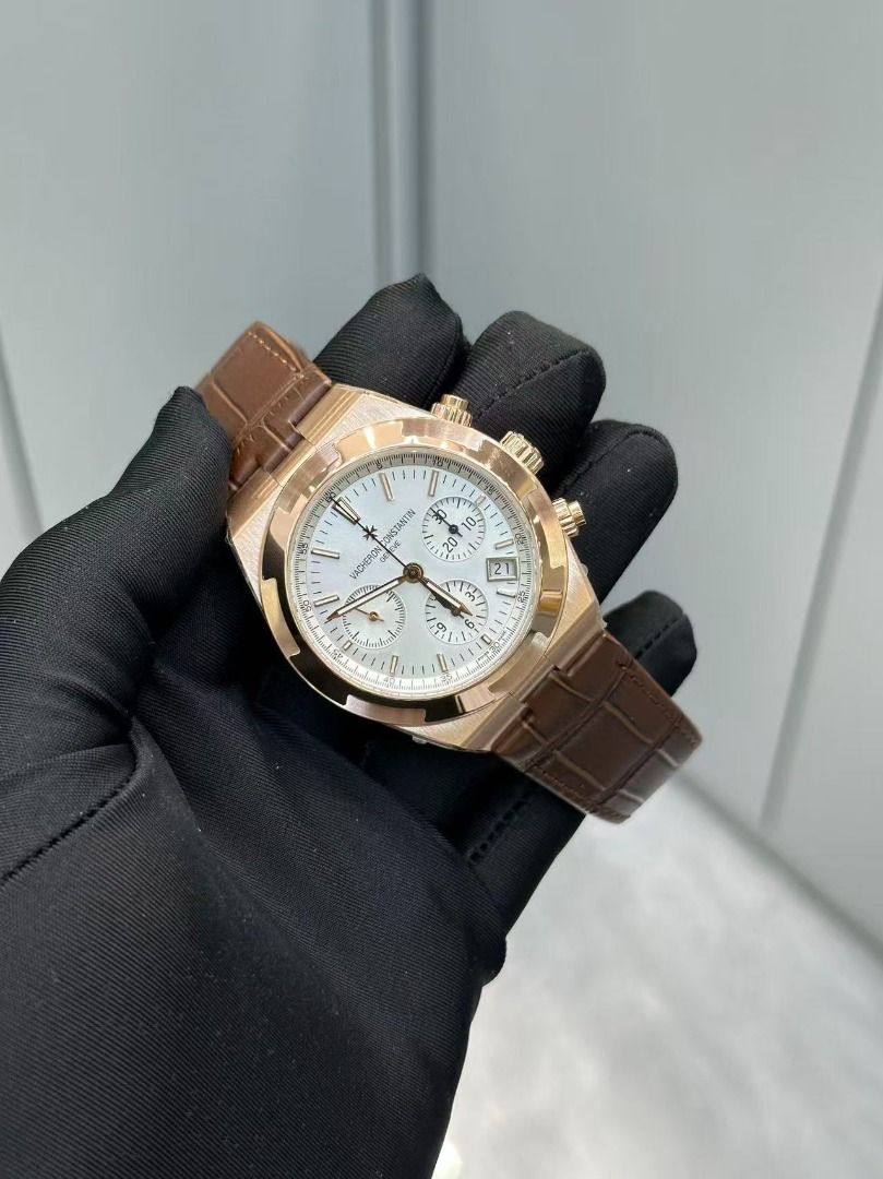 Vacheron Constantin Overseas Chronograph Rose Gold (Category: Luxury Watches) located in Valenzuela. Submitted by joszheu82 (Listing ID 1467904849, Image 2). Description: - Model: Vacheron Constantin Overseas Chronograph - Material: Rose gold case with brown alligator leather strap and folding clasp - Dial: Silver-toned with subdials and date window at 4 o'clock - Details: Chronograph pushers and signed crown - Condition: Protective plastic still