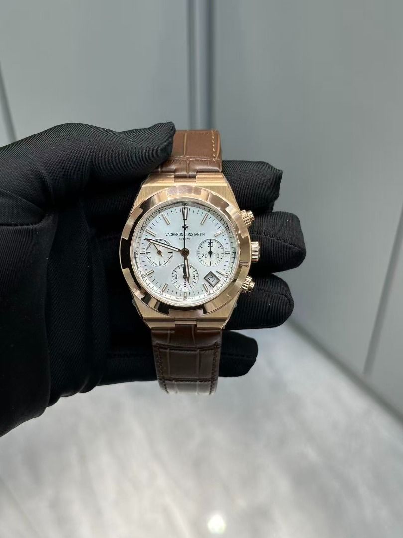 Vacheron Constantin Overseas Chronograph Rose Gold (Category: Luxury Watches) located in Valenzuela. Submitted by joszheu82 (Listing ID 1467904849, Image 1). Description: - Model: Vacheron Constantin Overseas Chronograph - Material: Rose gold case with brown alligator leather strap and folding clasp - Dial: Silver-toned with subdials and date window at 4 o'clock - Details: Chronograph pushers and signed crown - Condition: Protective plastic still