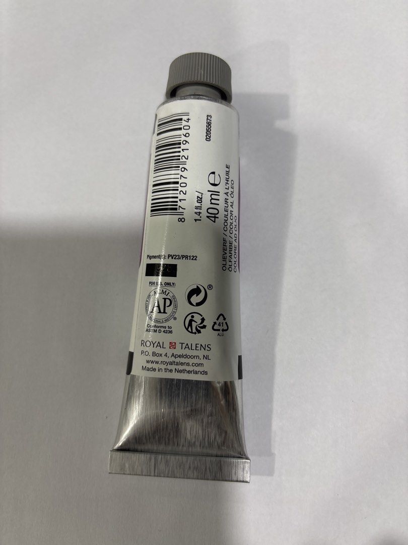 Van Gogh Oil Colour Permanent Red Violet 40ml (Category: Art & Prints) located in Mandaluyong City. Submitted by clothescarousel (Listing ID 1468035154, Image 2). Description: - Brand: Royal Talens Van Gogh (Made in Netherlands) - Color: Permanent Red Violet (Color Code: 567) - Size: 40ml / 1.4 fl. oz. - Pigment Codes: PV23 and PR122 - Series: Series 2 with great lightfastness - Condition: 100% brand new and unused.