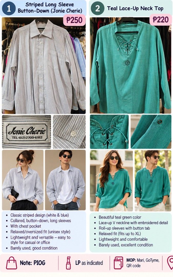 Versatile Blue Tops Blouses (Category: Longsleeves) located in Manila. Submitted by smartluxeph (Listing ID 1467942031, Image 1). Description: 👚✨ PRE-LOVED BLOUSE SALE! ✨👚 Two versatile, comfy pieces at budget-friendly prices! 💕 💙 1. JONIE CHERIE STRIPED BUTTON-DOWN — ₱250 - Classic white with fine blue pinstripes - Long sleeves, collared neckline & chest pocket - Relaxed, oversized fit — unisex! - Can be worn tucked in, loose, or as an outer