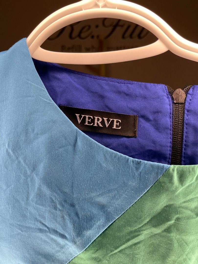 Verve Colorblock Long Sleeve Dress (Category: Dresses) located in Taguig. Submitted by re.wear.mnl (Listing ID 1468007742, Image 3). Description: - Style: Colorblock geometric panel design - Colors: Blue, green, and royal blue - Details: Long sleeves, round neckline, back zipper closure - Length: Mid-length - Fabric: Smooth texture, vibrant everyday piece.